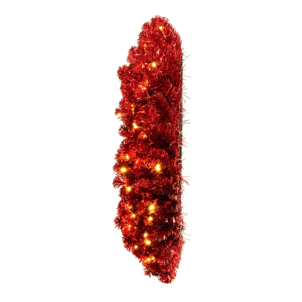 Vickerman 48" Artificial Deluxe Red Tinsel Christmas Wreath Warm White Single Mold Wide Angle Mini Lights