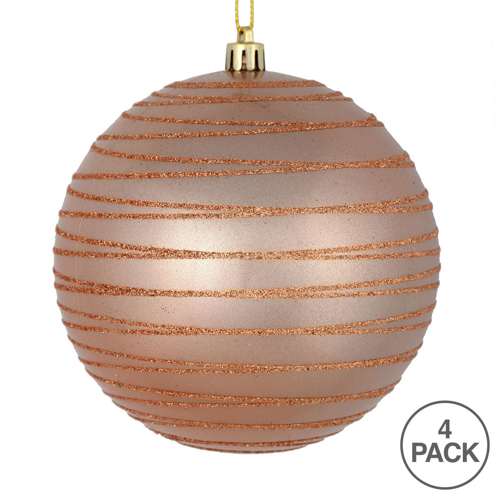 Vickerman 4.75" Rose Gold Candy Finish Ball Ornament with Glitter Lines 4 per Bag