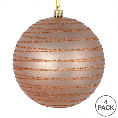 Vickerman 4.75" Rose Gold Candy Finish Ball Ornament with Glitter Lines 4 per Bag