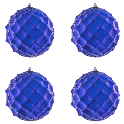 Vickerman 6" Cobalt Blue Shiny Form Ball Drilled Wired 4/Bag. Add texture and shimmer to your holiday decorating projects with this geometric shaped ball. It features glitter accents along the edges of the geometric pattern. This ornament contains a drill