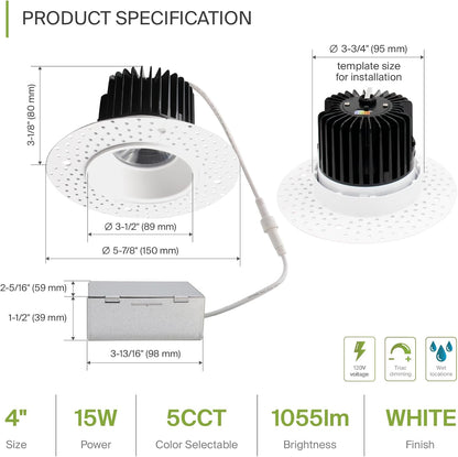 ASD Lighting LED Trimless Downlight Round 4inch 15W 120V Triac 2700/3000/3500/4000/5000K White ETL Energy Star