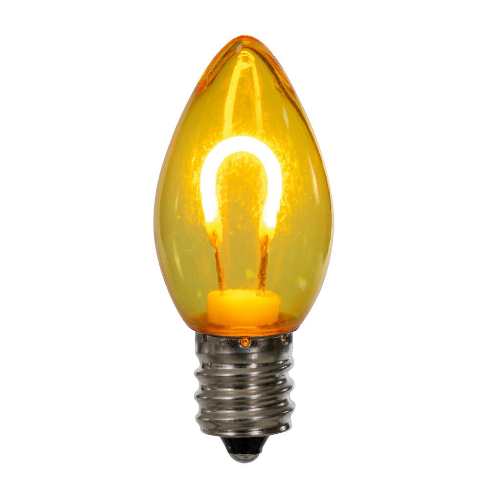 Vickerman C7 Transparent U-Shaped Filament Yellow Bulb, E12 Base, .6 Watts, 25 Pcs Assorted/Bag.  Colors included are Blue, Red, Green, Purple and Amber.