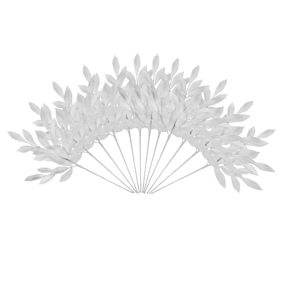 Vickerman 22" White Glitter BayLeaf Artificial Christmas Spray. Includes 12 sprays per pack.