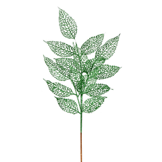 Vickerman 27" Green Glitter Bay Leaf Lace Artificial Christmas Spray. Includes 12 sprays per pack.