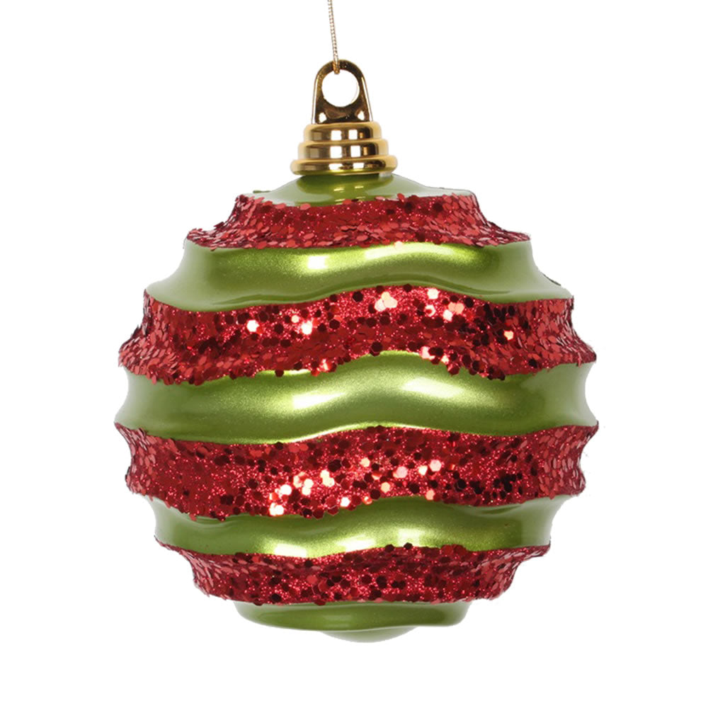 Vickerman 6" Lime and Red Stripe Candy Finish Wave Ball Christmas Ornament with Glitter Accents