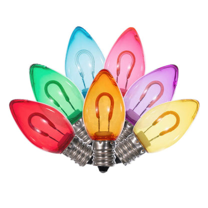 Vickerman C7 Transparent U-Shaped Filament Multi Bulb, E12 Base, .6 Watts, 25 Pcs Assorted/Bag.  Colors included are Blue, Red, Green, Purple and Amber.