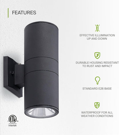 ASD Lighting BULB Round Outdoor Wall Cylinder with Photocell, Up and Downlight Fixture, 120V, 40W, 11.81", 50°, Black Finish, 2Pack
