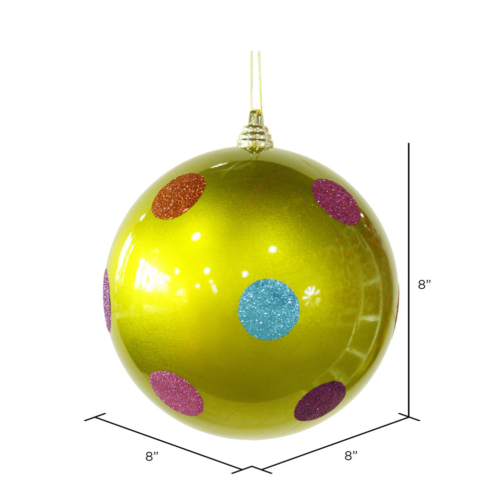 Vickerman 8" Lime Candy Finish Ball Christmas Ornament with Multi-Colored Polka Dots