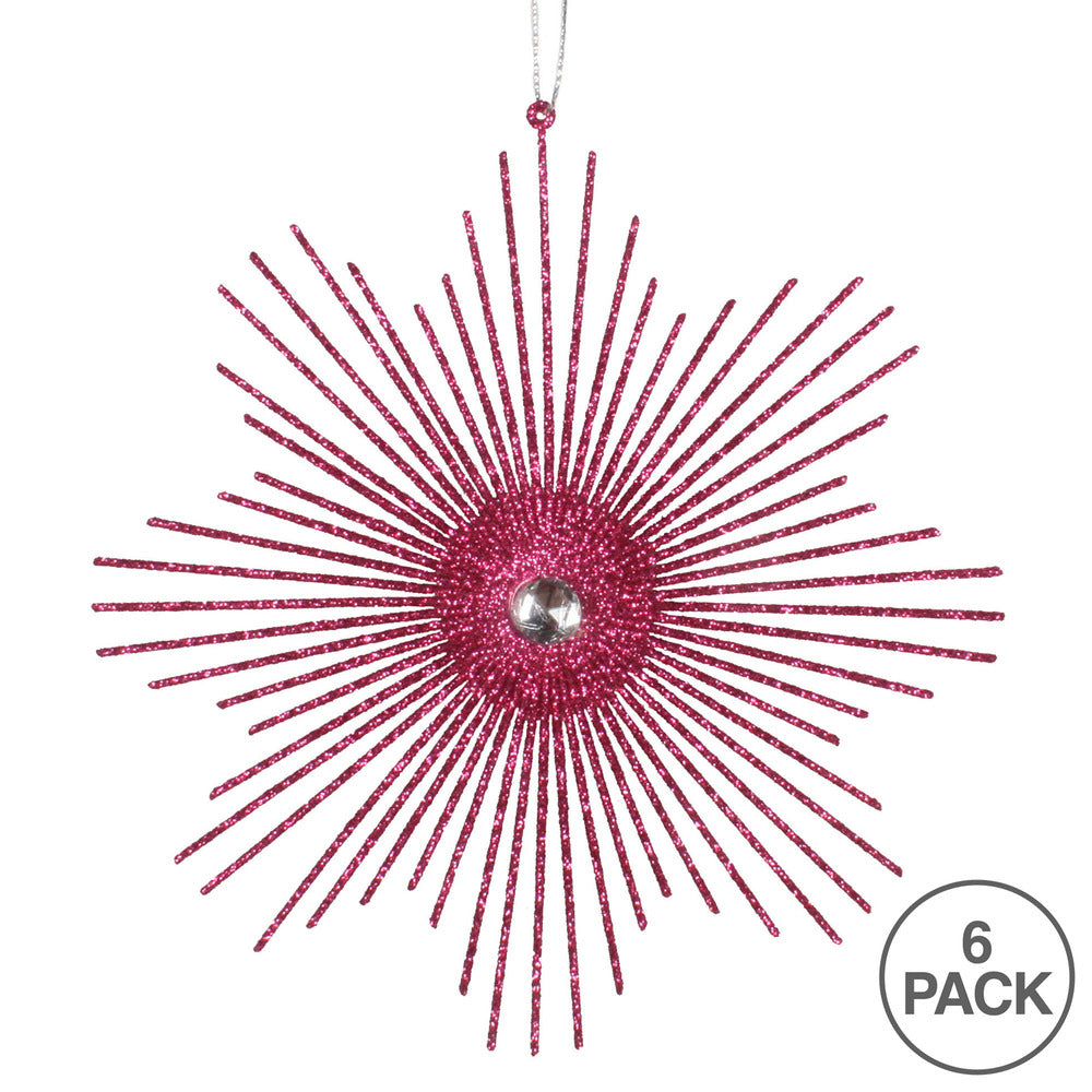 Vickerman 6.5" Fuchsia Snowflake Burst Glitter Christmas Ornament 6 per Bag