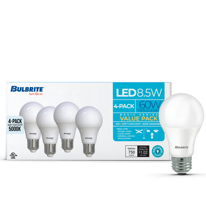 Bulbrite 774250 8.5W LED A19 60W EQUIV BASICS NON-DIMMABLE 5000K E26 120V - 4PK