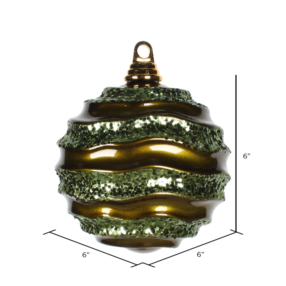 Vickerman 6" Olive Stripe Candy Finish Wave Ball Christmas Ornament with matching Glitter Accents