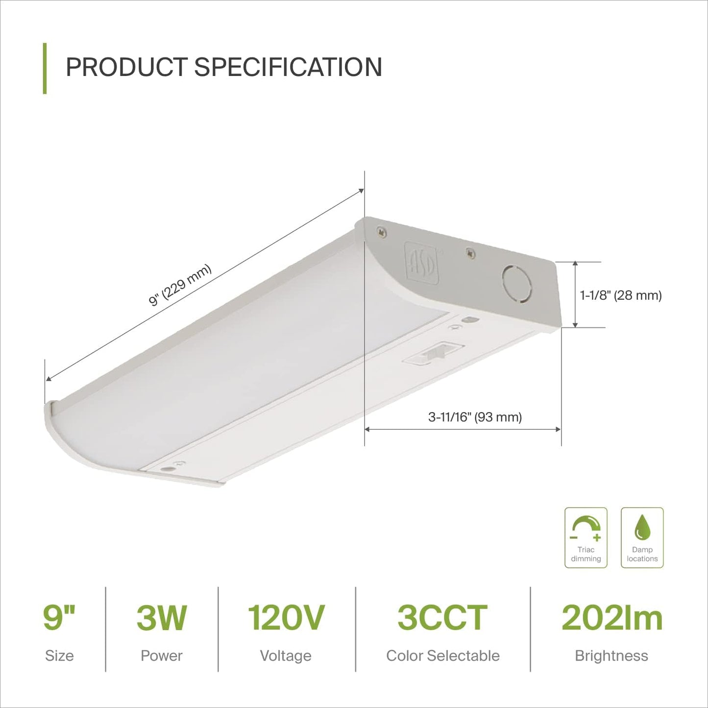 ASD Lighting LED Under Cabinet Bullnose 9" 3W 120V Dimmable CCT Selectable 3000/4000/5000K Hardwired, On/Off Switch, White ETL Energy Star