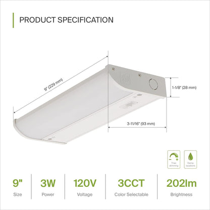 ASD Lighting LED Under Cabinet Bullnose 9" 3W 120V Dimmable CCT Selectable 3000/4000/5000K Hardwired, On/Off Switch, White ETL Energy Star