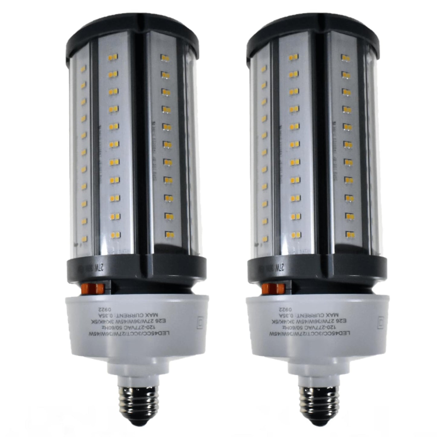 Damar- LED Corn Cob Post Top Bright Light Bulb Type B Ballast Bypass 27W/36W/45W E26 Medium Base 30K/40K/50K Color Selectable 3780/5040/6300 Lumen Dimmable 120-277VAC Pack of 2- For Warehouse Garage