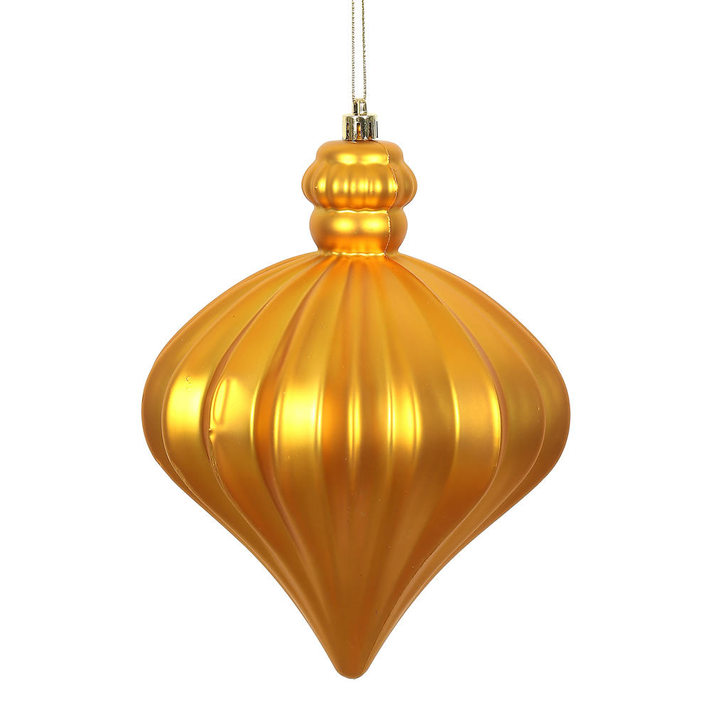 Vickerman 6" Antique Gold Matte Onion Drop Ornament with drilled and wired caps. Comes 4  per Bag.