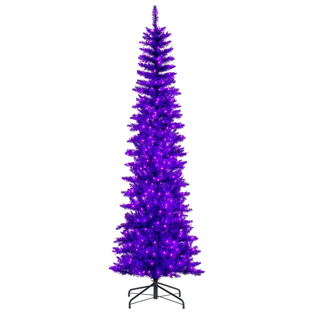 Vickerman 8.5' x 38" Purple Pencil Artificial Pre-Lit Christmas Tree with 600 Dura-Lit® Purple LED Mini Lights. It measures 102 inches tall, and 28 inches wide, which is considered a pencil profile. This tree boasts 1363 tips for a realistic look. Pre-lit