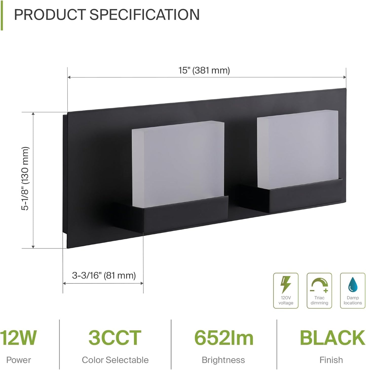ASD Lighting LED Vanity 2-light 12W 120V CCT Selectable 3000/4000/5000K Dimmable Black ETL