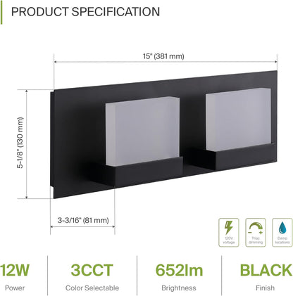 ASD Lighting LED Vanity 2-light 12W 120V CCT Selectable 3000/4000/5000K Dimmable Black ETL