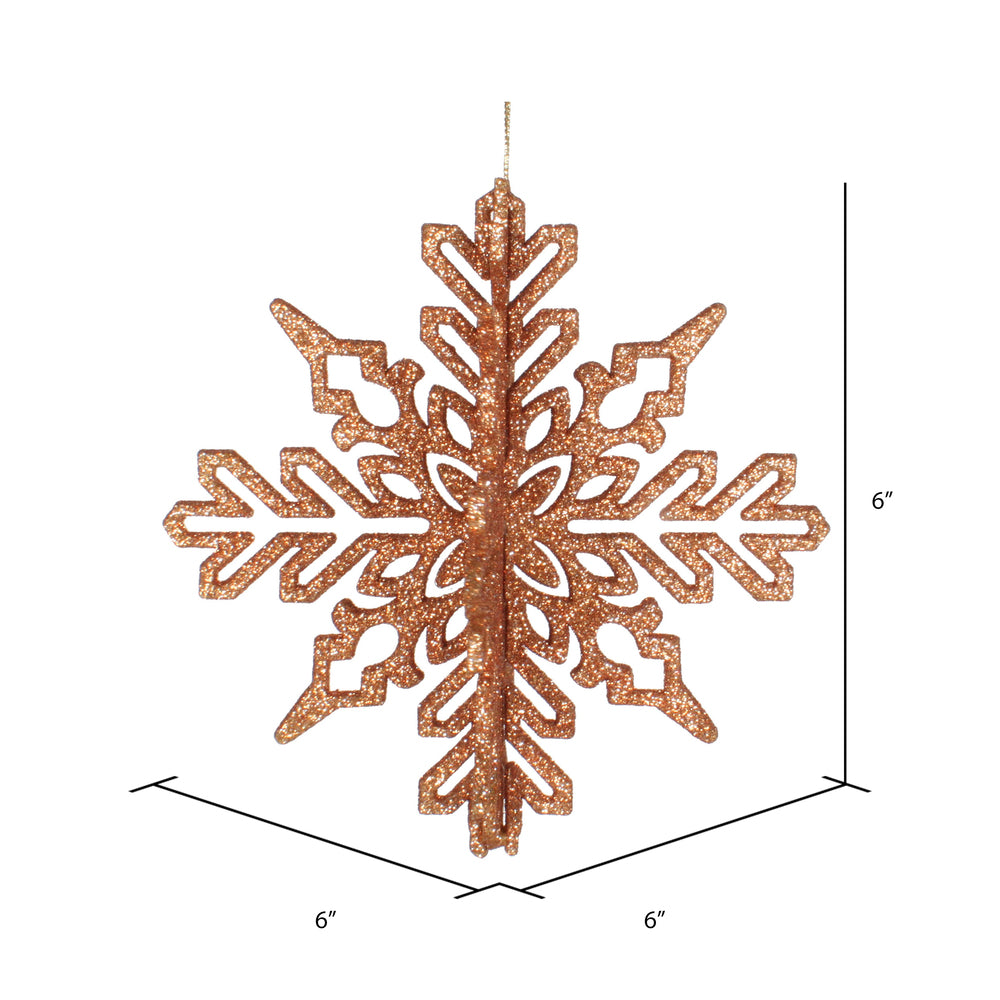 Vickerman 6" Rose Gold 3D Glitter Snowflake Christmas Ornament Set of 3