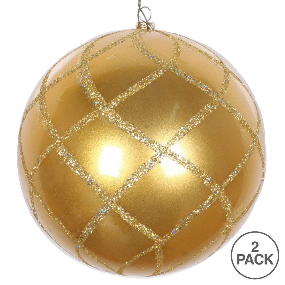 Vickerman 6" Gold Candy Finish Net Ball Ornament with Glitter Accents 2 per Bag