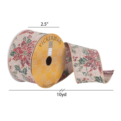 Vickerman 2.5" x 10 yard Frosted Tan Poinsettia  Christmas Ribbon