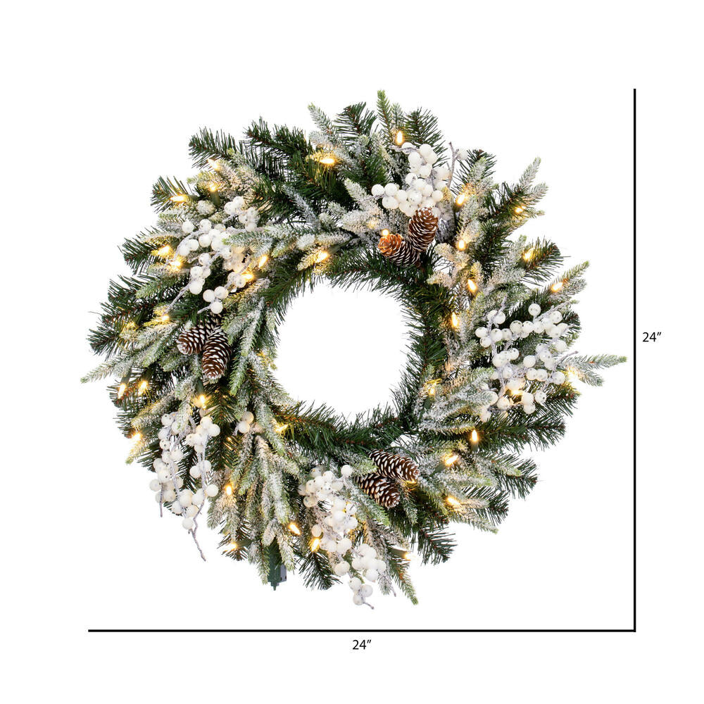 Vickerman 24" Frosted Berry Mixed Pine Cone Artificial Pre-Lit Wreath Warm White Lights.