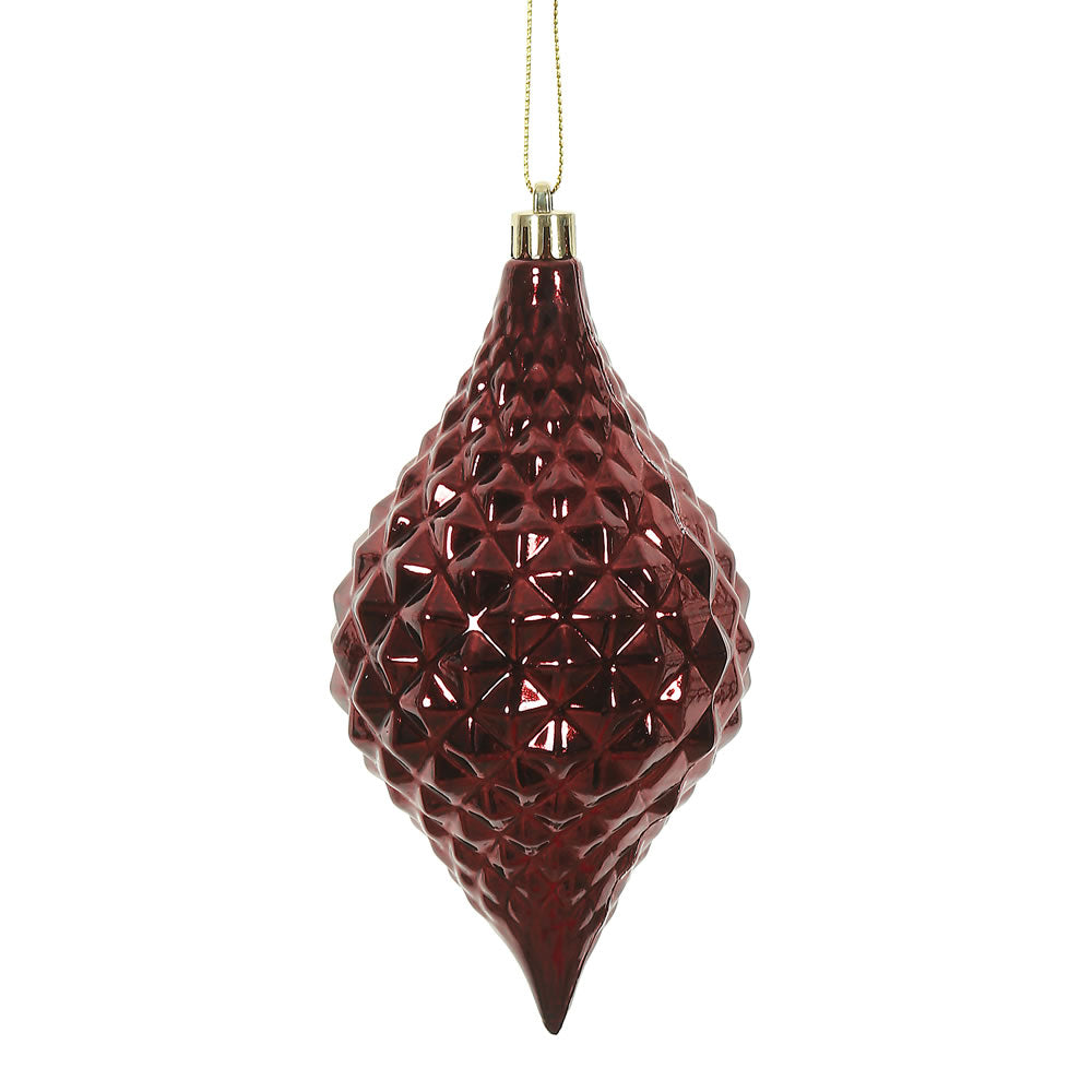 Vickerman 6" x 3" Burgundy Shiny Diamond Drop Ornament with drilled and wired caps. Comes 4 per Bag.