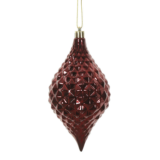Vickerman 6" x 3" Burgundy Shiny Diamond Drop Ornament with drilled and wired caps. Comes 4 per Bag.