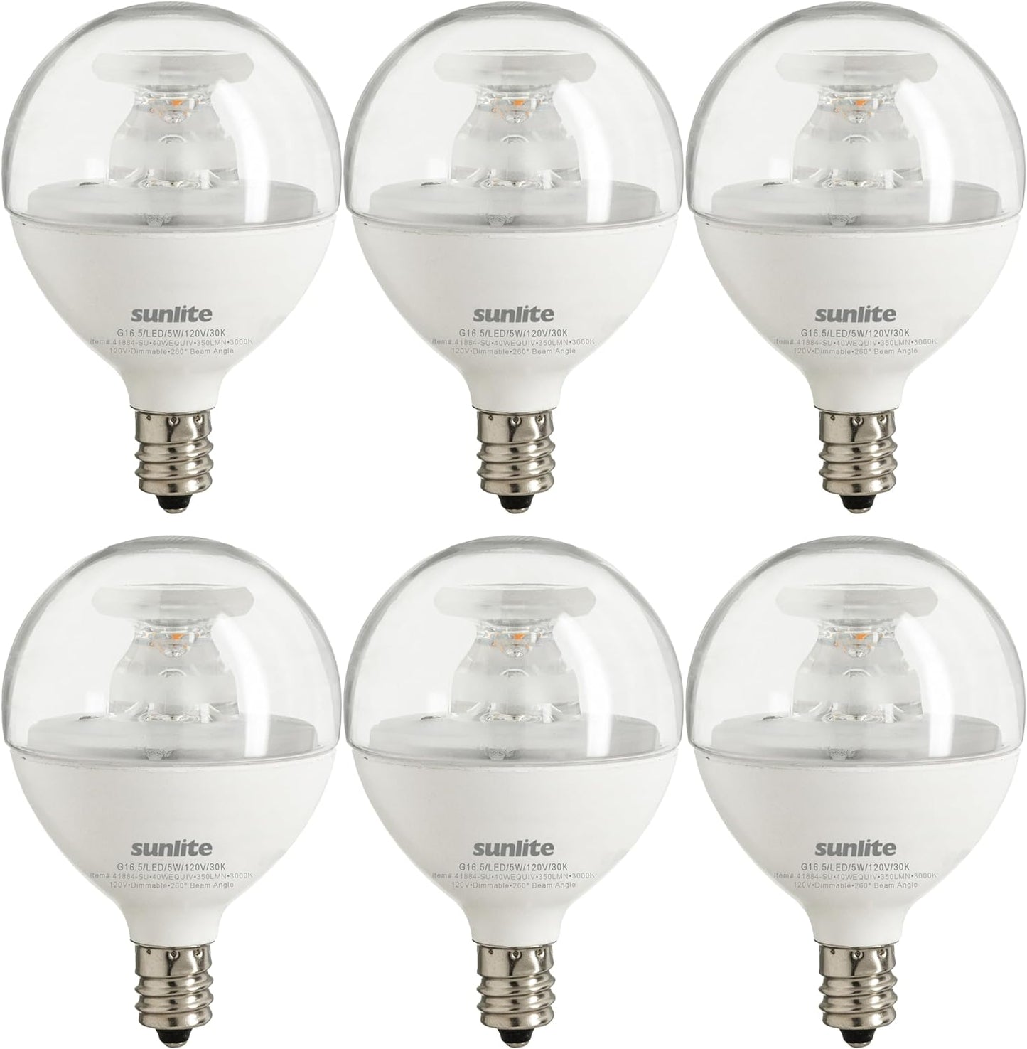 Sunlite LED G16.5 Clear Globe Light Bulb, 5 Watts (40W Equivalent), 350 lumens, Dimmable, Candelabra Base (E12), 120 Volts, ETL Listed, 260 Degree Beam Angle, 3000K Warm White, 6 Pack