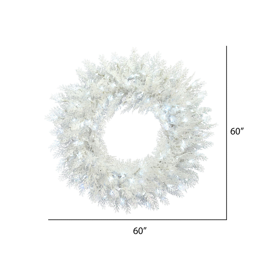 Vickerman 60" Flocked Cedar Pine Artificial Christmas Wreath Pure White Low Voltage LED Wide Angle Lights.