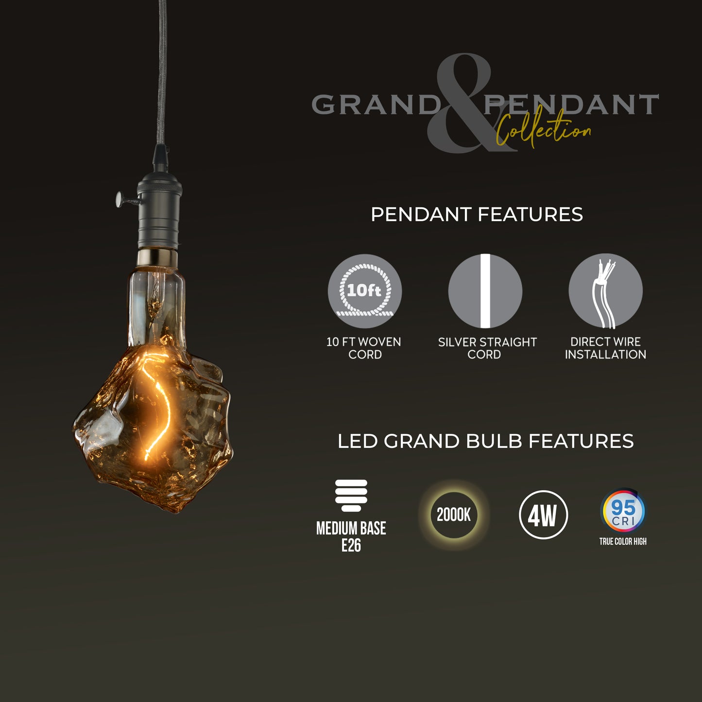 Bulbrite LED Grand Bulb and Pendant Kit of (1) 4 Watt Antique Glass 13" Glacier Shaped Bulb and (1) Gunmetal Black Open Socket Pendant on Silver Fabric Braided Cord - 2000K (Amber Light)