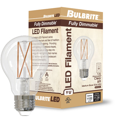 Bulbrite 9W LED A19 LIGHT BULB 4000K COOL WHITE FILAMENT, E26 MEDIUM SCREW BASE, DIMMABLE, 4PK