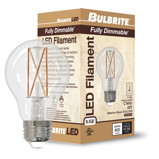 Bulbrite 862071 LED Filament Pack of (4) 8.5 Watt Dimmable A19 Light Bulb with Clear Glass Finish and Medium (E26) Base - 5000K (Soft Daylight Light), 800 Lumens