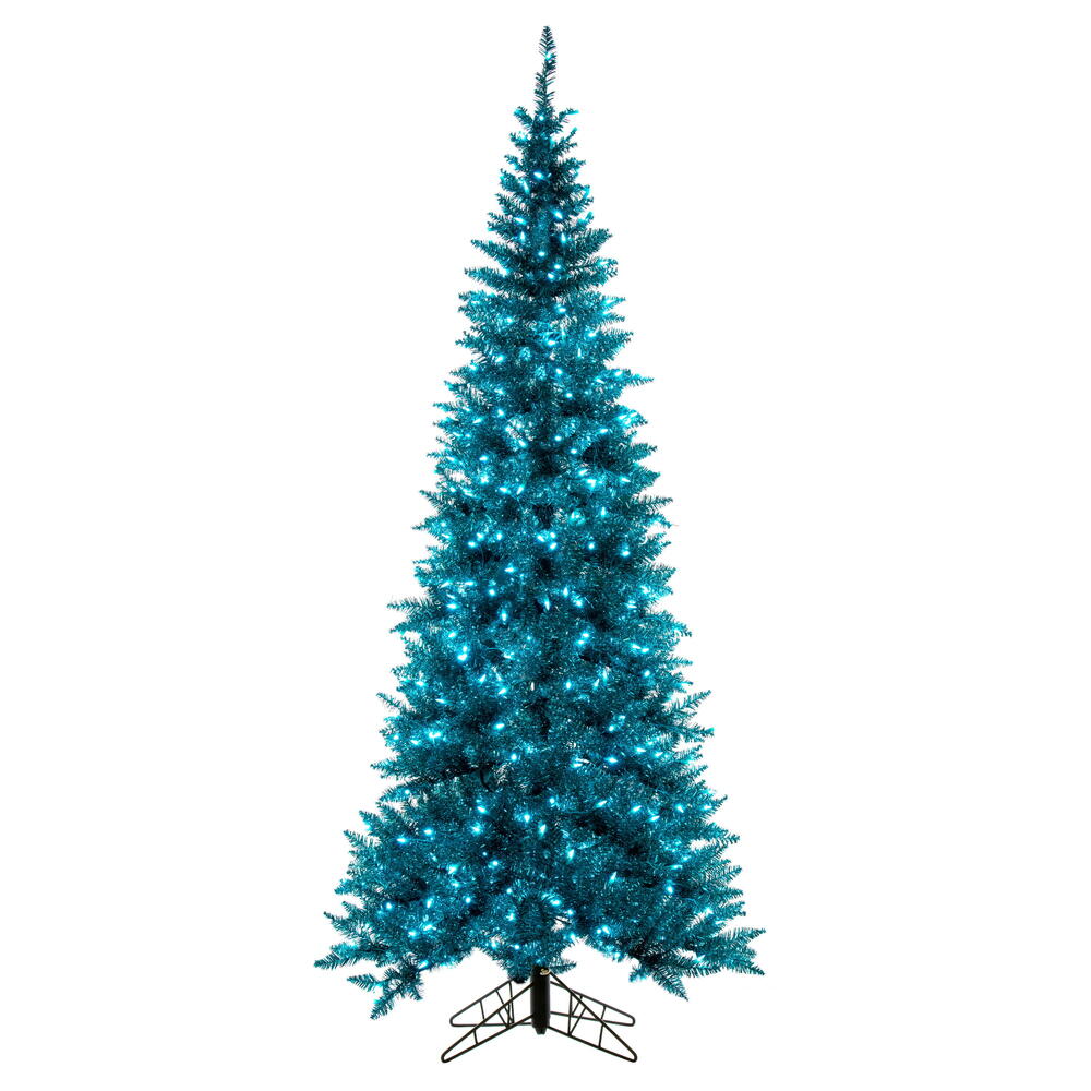 Vickerman 10' x 50" Slim Aqua Tinsel Artificial Pre-Lit Christmas Tree with Lights and Tree Stand