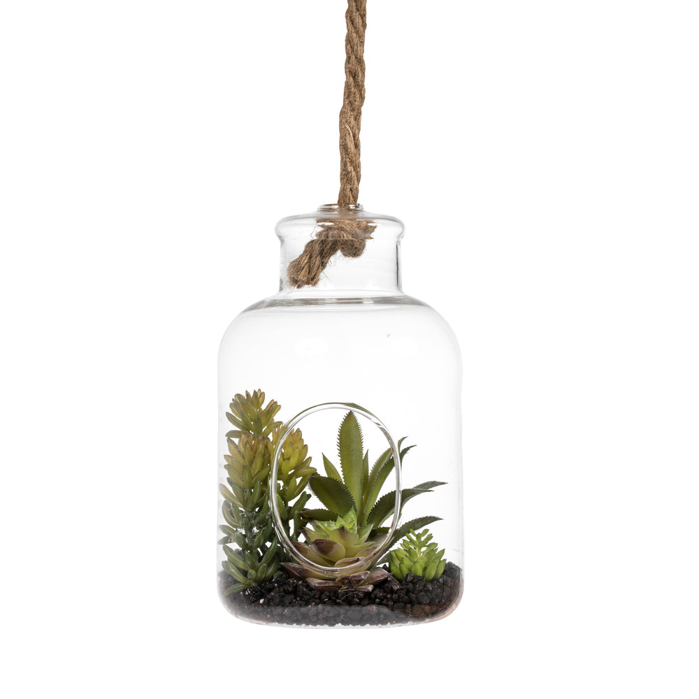 Vickerman 9" Artificial Green Assorted Succulents in Glass Jar.