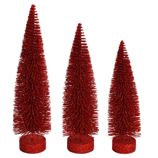 Vickerman 12"-14"-16" Red Glitter Oval Pine Artificial Christmas Tree Set of 3