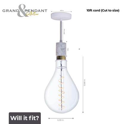 Bulbrite LED Grand Bulb and Pendant Kit of (1) 4 Watt Clear Glass 13" Pear Shaped Bulb and (1) White Marble Open Socket Pendant on White Fabric Braided Cord - 2200K (Amber Light)