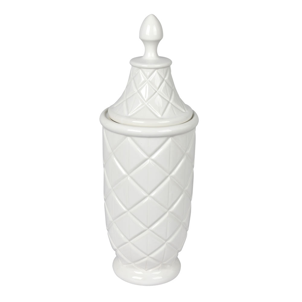 Vickerman 18.5" White Ceramic Container with Lid. This versatile container can pair with faux floral stems or stand as a simple decorative piece with the lid. It measures 18.5" H x 6.5" W.   100% CERAMIC