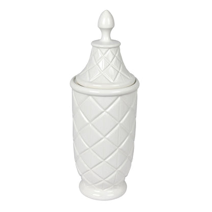 Vickerman 18.5" White Ceramic Container with Lid. This versatile container can pair with faux floral stems or stand as a simple decorative piece with the lid. It measures 18.5" H x 6.5" W.   100% CERAMIC