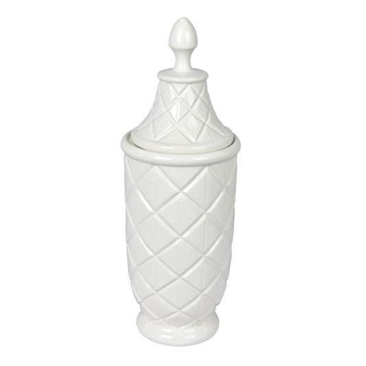Vickerman 18.5" White Ceramic Container with Lid. This versatile container can pair with faux floral stems or stand as a simple decorative piece with the lid. It measures 18.5" H x 6.5" W.   100% CERAMIC