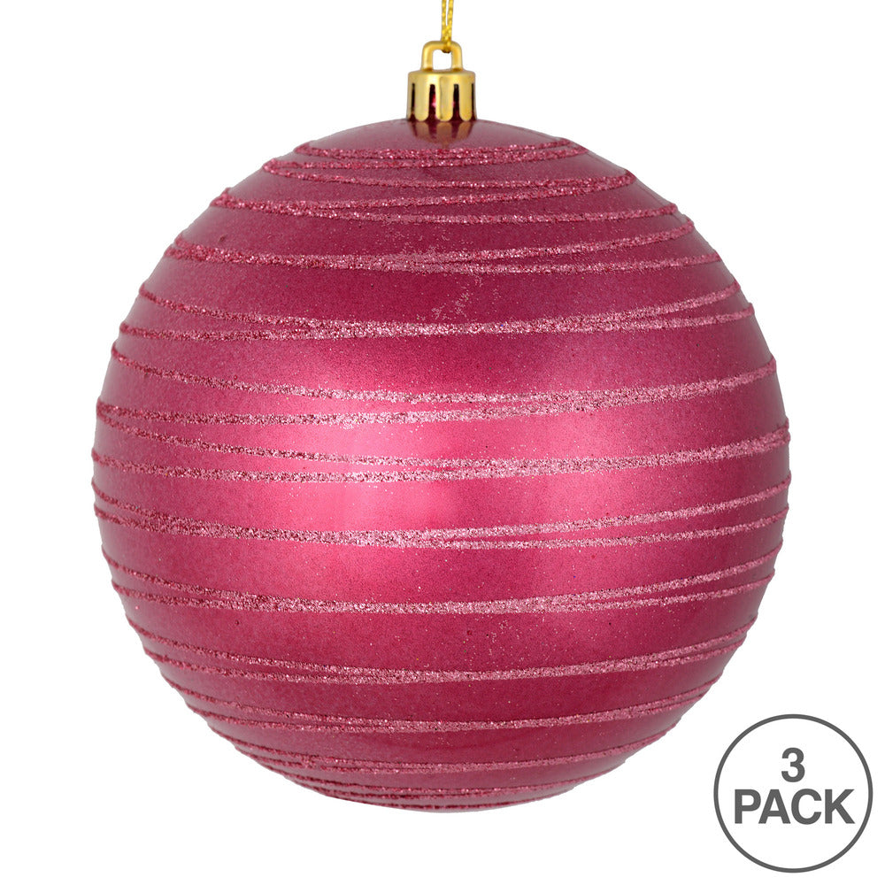 Vickerman 6" Berry Red Candy Finish Ball Ornament with Glitter Lines 3 per Bag