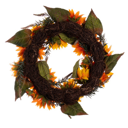 Vickerman 24" Artificial Yellow Sunflower Wreath with Green Fern Foliage.