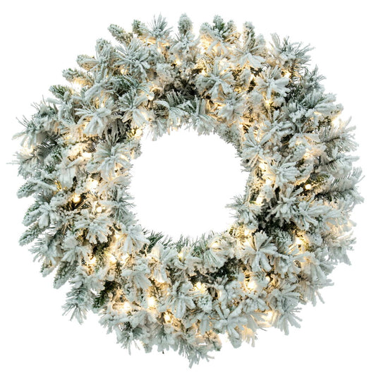 Vickerman 30" Flocked Snow Ridge Artificial Christmas Wreath Pure White LED Lights