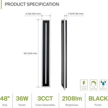 ASD Lighting LED Outdoor Wall Sconce with Center Light 48" 36W 120-277V CCT Selectable 3000/4000/5000K Dimmable Black ETL