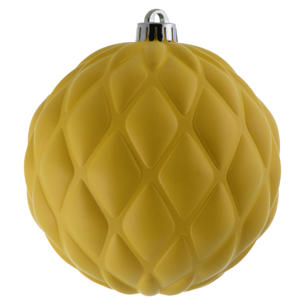 Vickerman 6" Yellow Matte Round Pine Cone Ornament with drilled and wired caps. Comes 4/bag.