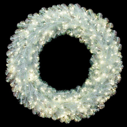 Vickerman 48" White Iridescent Artificial Pre-Lit Wreath with 200 Pure White LED 5MM Lights. It measures 48 inches wide. The diameter is measured from the end of one tip across to the other with the wreath tips extended outward. This wreath boasts 400 PVC