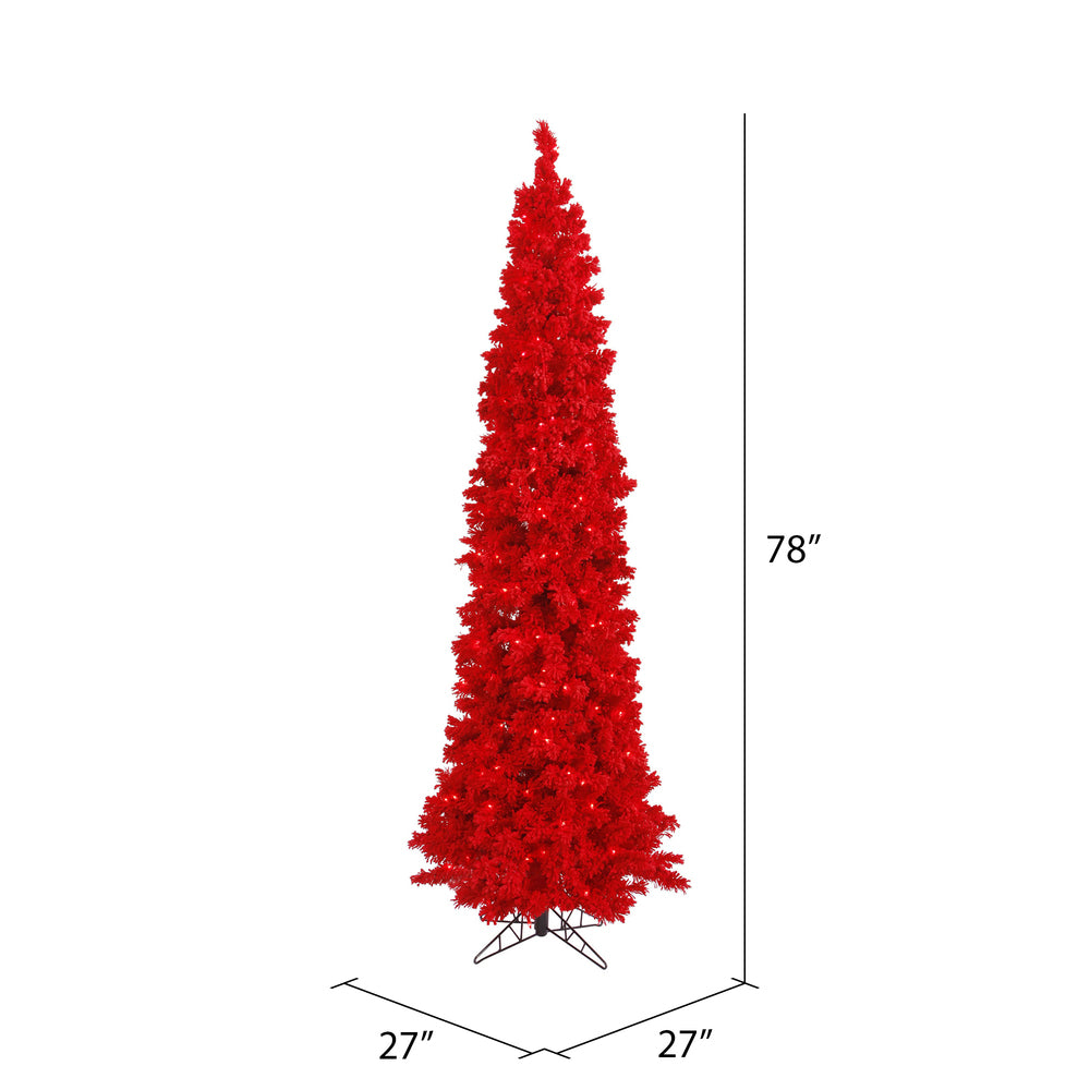 Vickerman 6.5' Flocked Red Pencil Fir Artificial Christmas Tree Red Dura-lit LED Lights