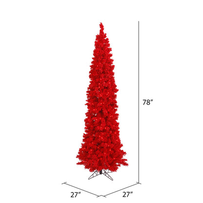 Vickerman 6.5' Flocked Red Pencil Fir Artificial Christmas Tree Red Dura-lit LED Lights