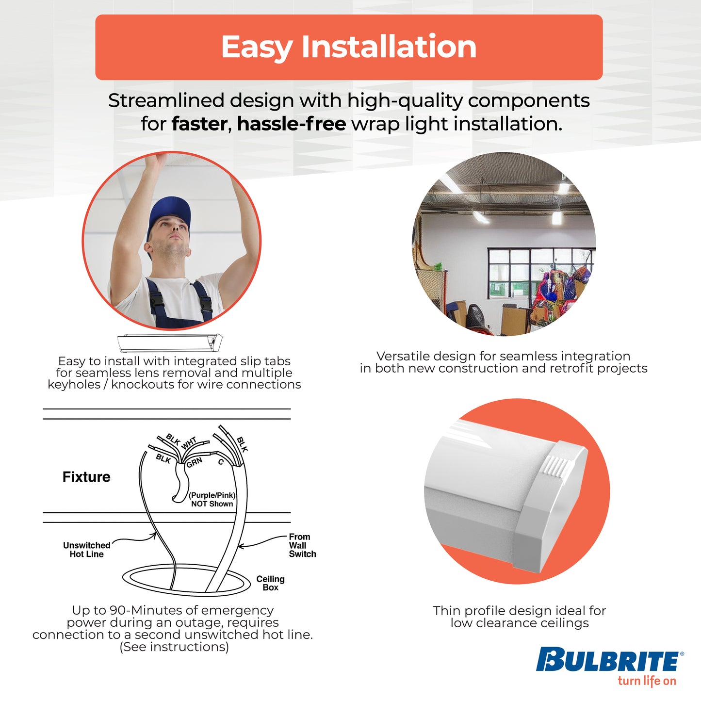 Bulbrite 773507 4 ft. Integrated 5 Color Selectable LED Dimmable Wraparound Light W/ Battery Backup (120-277v), 5300 Lumens, White
