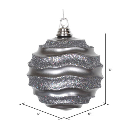 Vickerman 6" Pewter Stripe Wave Ball Featuring a Candy Finish with matching Glitter Accents